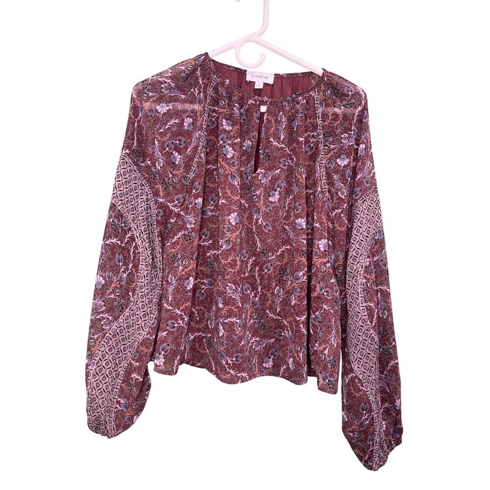Evereve Small Women Burgundy Floral Mixed Print Keyhole Long Sleeve   EW800495SE